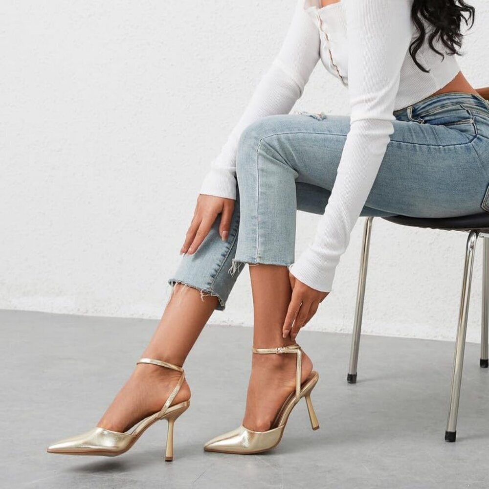 Close Toe Ankle Strap Women Brown Heels Pointed Toe Stiletto Pumps Wedding Shoes - Picture 6 of 7
